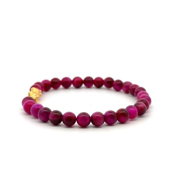 24K Gold Dragon Pixiu Bracelet Gemstones Pink Tiger's Eye 5-6mm Size 6.5 - Picture 6 of 8